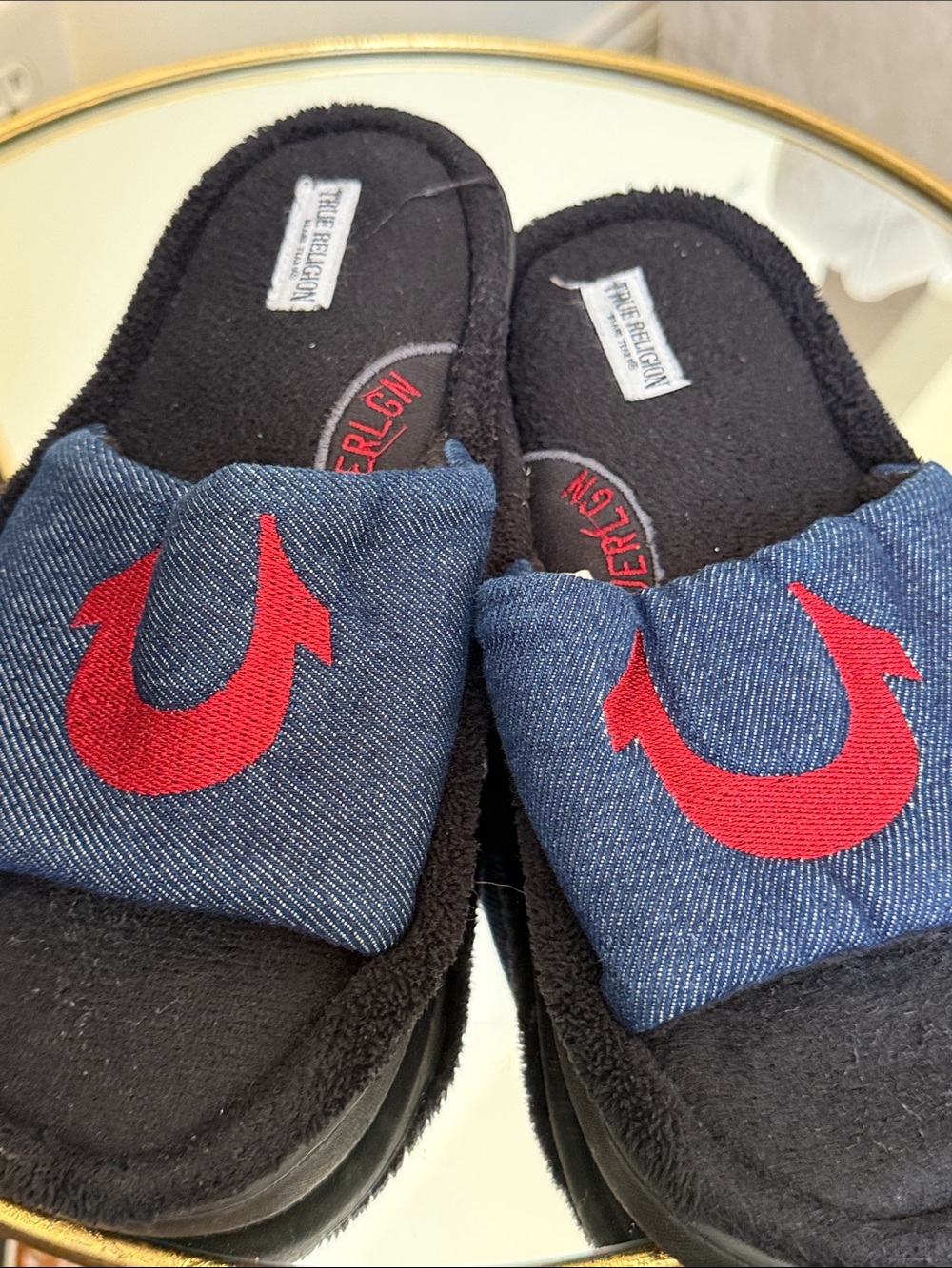 True Religion Blue Denim Slides Sandals Red Horseshoe Embroidery Men’s Size 9/10